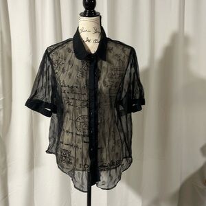 HOT TOPIC BLACK NYLON TOP WITH FLOCKING SIZE 3 (12)